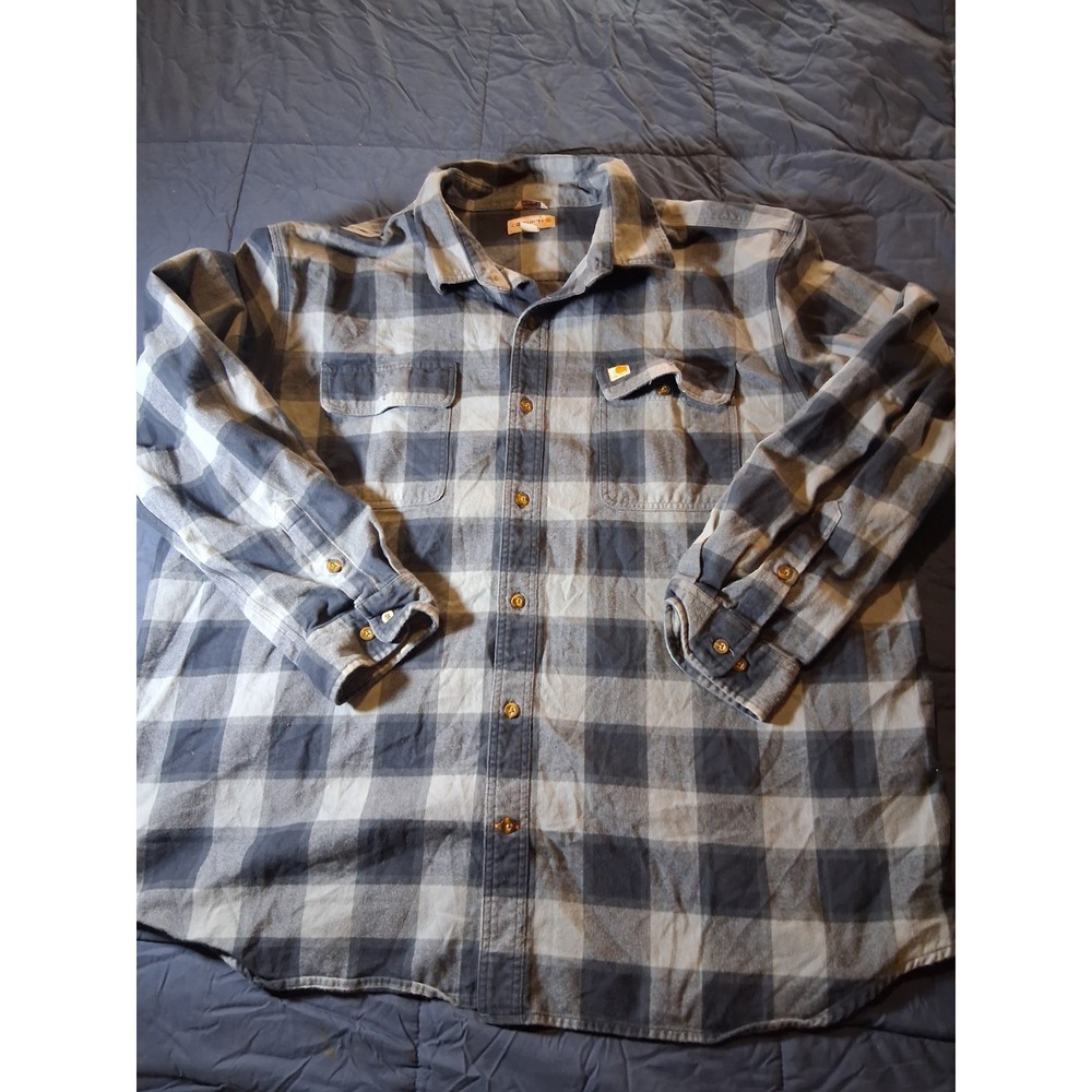 Carhartt Shirt Mens 2XL Blue Check Heavyweight Flannel Loose Fit Workwear Casual